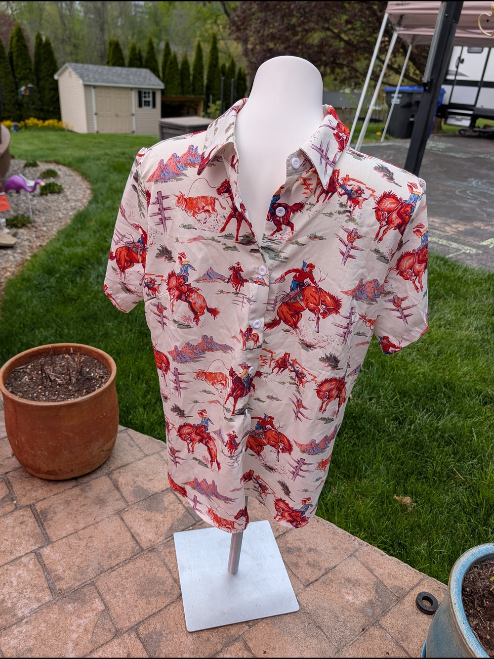 Men’s Western Cowboy Rodeo Print Shirt Large Retro Button Up